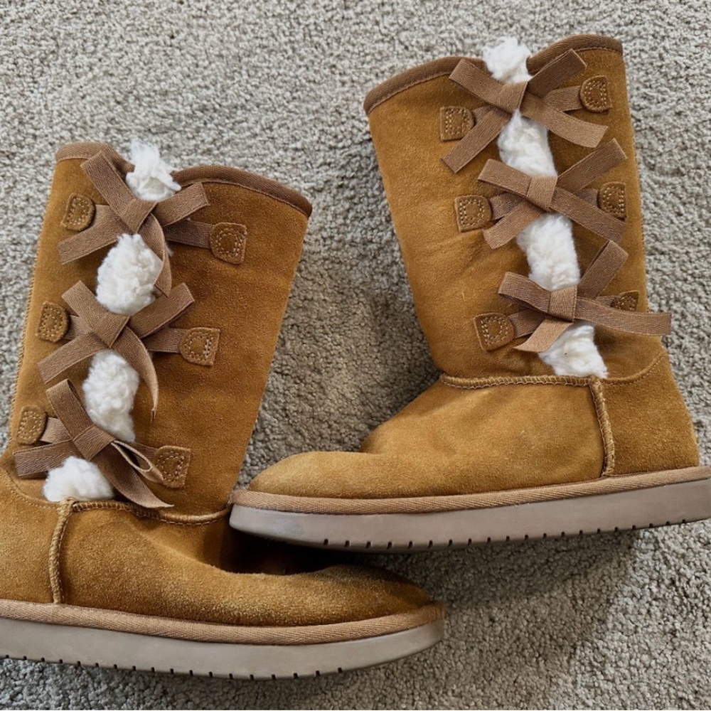 UGG Tan Suede Kids Boots with Bow Accents